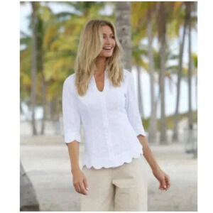 Gretty Zueger cotton 3/4 sleeve collared embroidered button up shirt